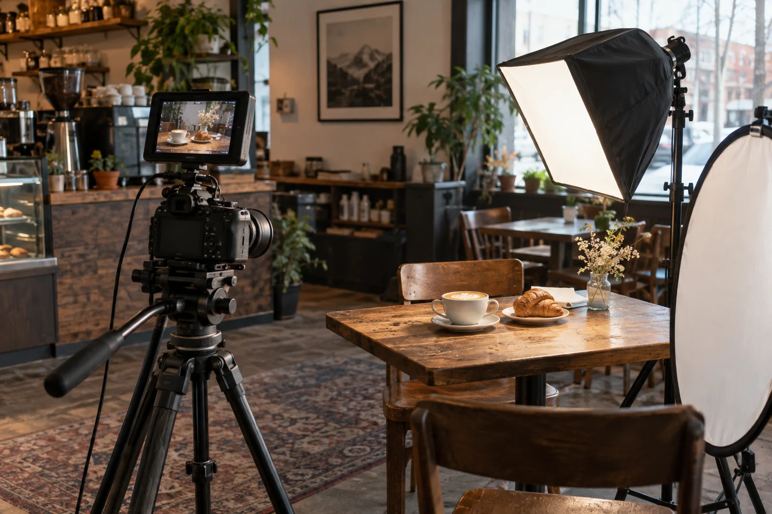 Camera on a tripod, softbox and reflector arranged to photograph coffee and pastry inside a café